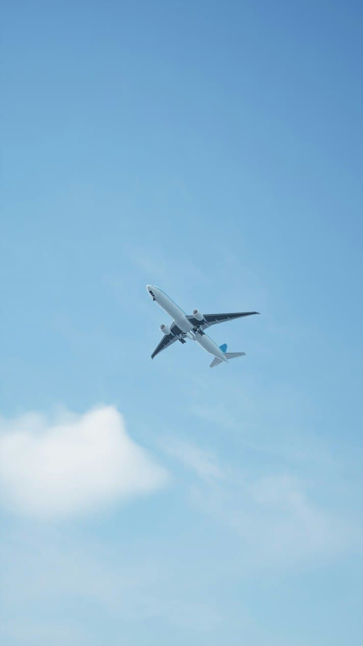 Passenger jet climbing through a clear blue sky