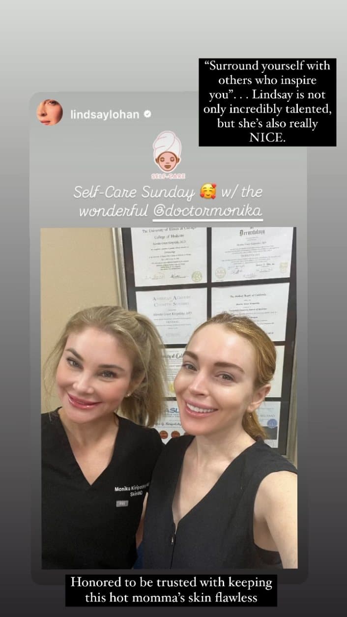 Instagram story: “Self-Care Sunday with wonderful @doctormonika” — Dr. Monika with a patient in her office