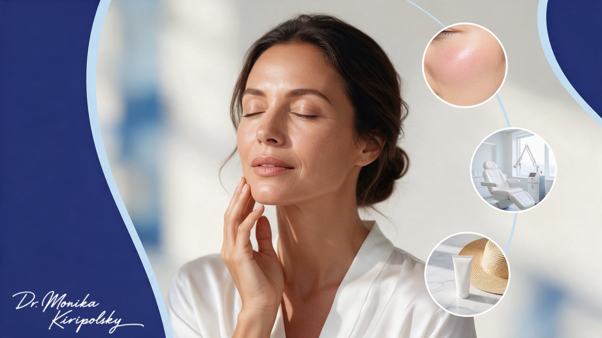 Woman with a low bun and eyes closed, touching her jawline, beside images of smooth cheek skin, a laser treatment room, and sunscreen with a sun hat, for fractional laser resurfacing vs CO2 in Beverly Hills