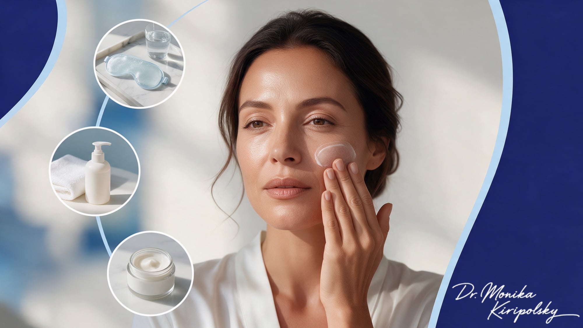 Woman applying moisturizer to her cheek beside a cooling eye mask, gentle cleanser, and rich moisturizer, showing downtime and recovery after CO2 and fractional laser resurfacing
