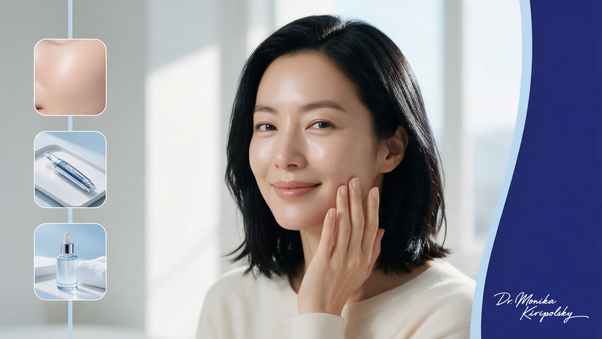 Woman with shoulder-length black hair touching her cheek beside images of smooth skin, a pen-shaped microneedling device, and a serum bottle, for how many microneedling sessions you need in Beverly Hills
