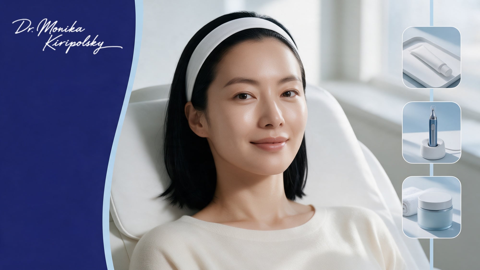 Woman relaxing in a treatment room recliner with a white headband, beside numbing cream, a microneedling pen in its stand, and soothing gel, showing what happens during a microneedling session