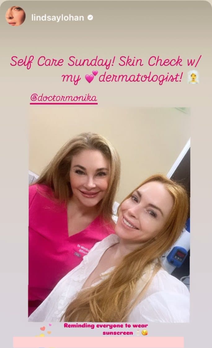 Instagram story: “Self Care Sunday! Skin check with my dermatologist” — @doctormonika with a patient